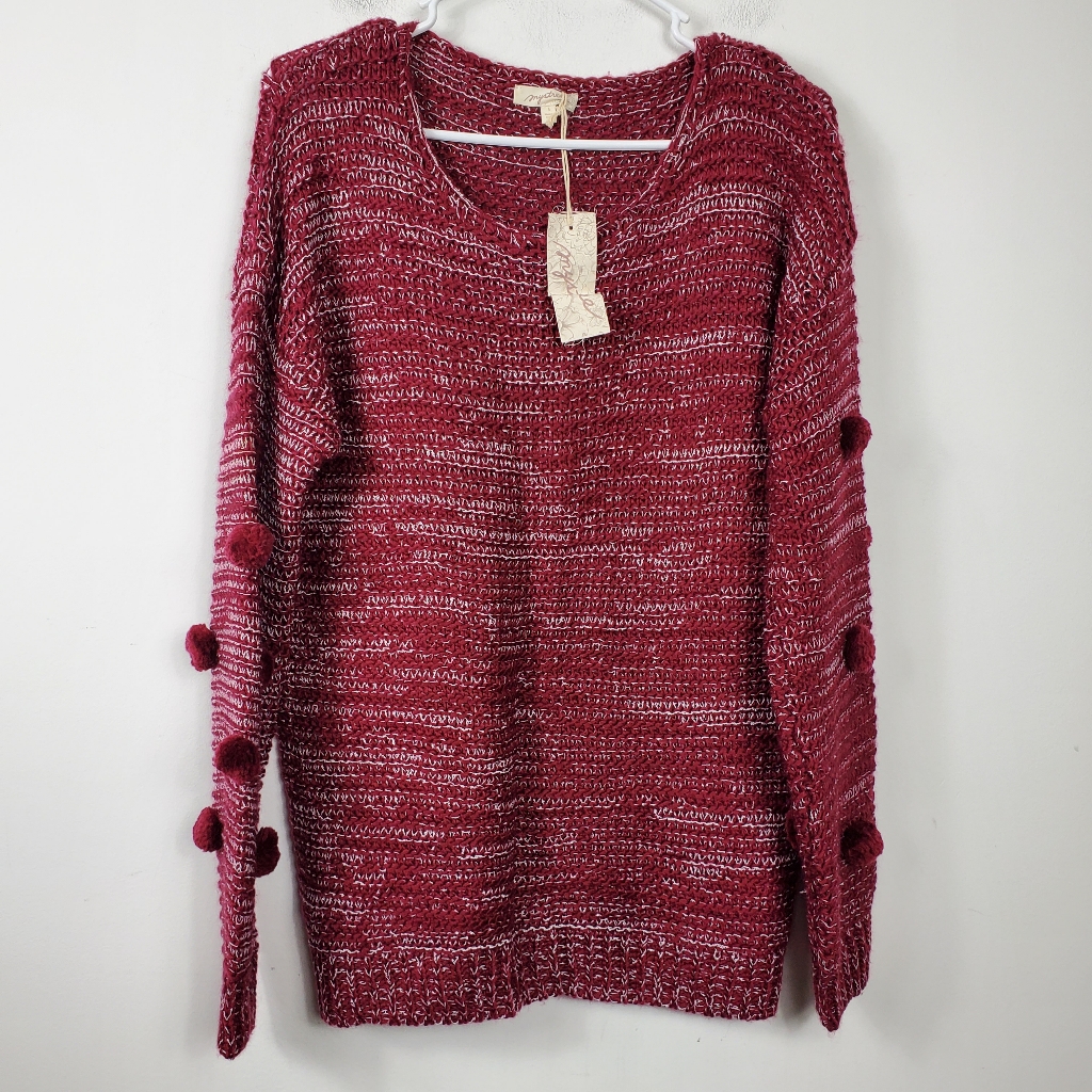 Red Puff Ball Sleeve Tunic Sweater Womens Size S Thick Knit Red & White Pom Pom